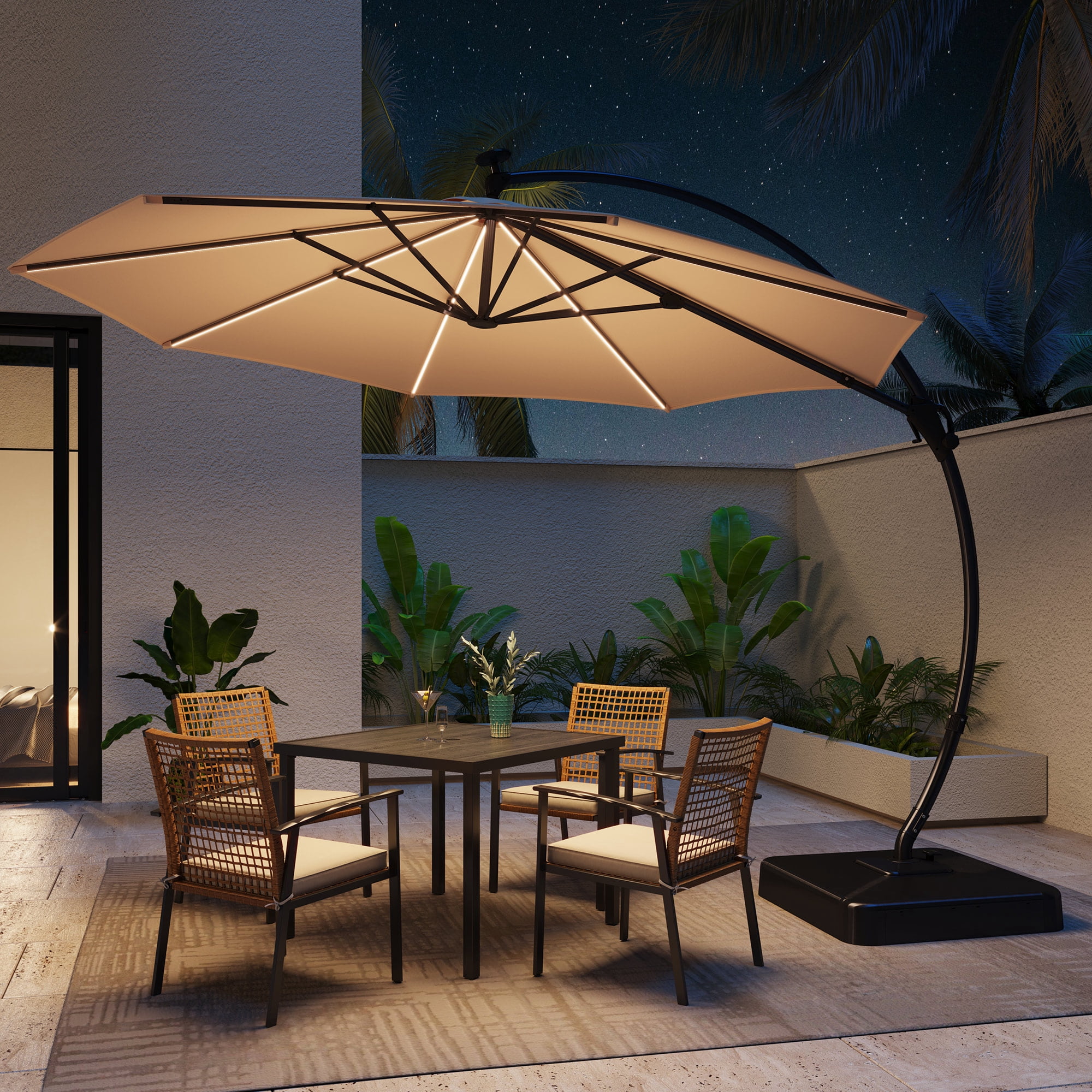 KAMEROUT 11 FT Outdoor Curvy Cantilever Umbrella with Solar LED Lights, Heavy Duty Windproof Offset Patio Umbrellas with 360° Rotation for Market, Pool, Garden, Backyard, Champagne
