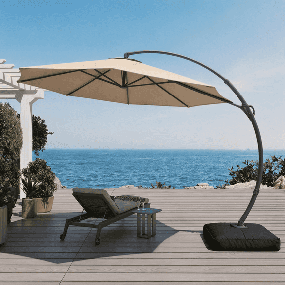 KAMEROUT 11 ft Cantilever Patio Umbrella with Base, Aluminum Offset Hanging Umbrella with Crank for Pool and Outdoor Decor, Beige