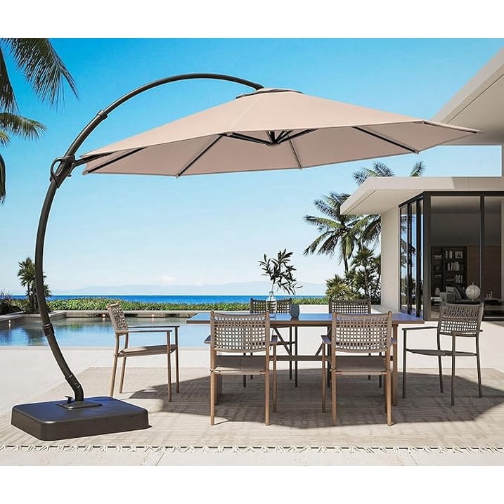 KAMEROUT 11FT Patio Umbrella with Base, Outdoor Deluxe Curvy Cantilever Umbrella for Pool Deck, Champagne