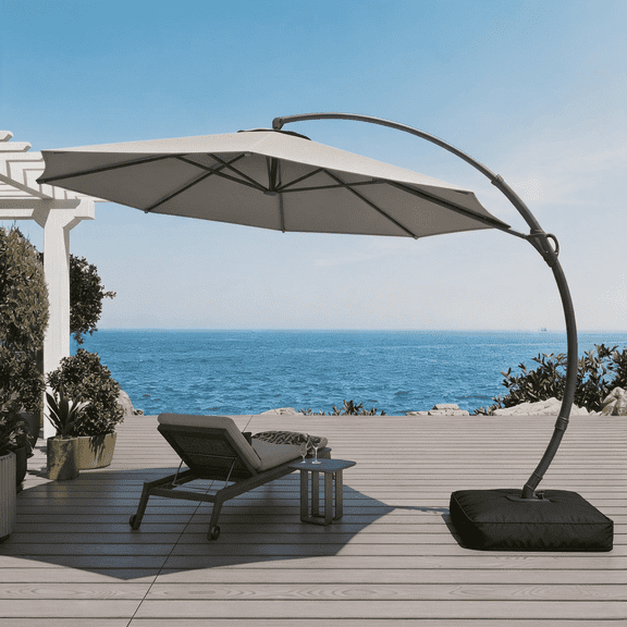 KAMEROUT 12 FT Cantilever Patio Umbrella with Base, Aluminum Offset Hanging Umbrella with Crank, Gray