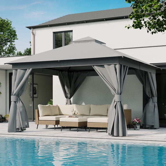 KAMEROUT 12'x12' Outdoor Patio Gazebo, Heavy-Duty Semi-Permanent Gazebo Tent with Double Roof, Mosquito Netting & Privacy Curtains, Metal Frame Backyard Canopy for Garden, Lawn, and Party, Grey