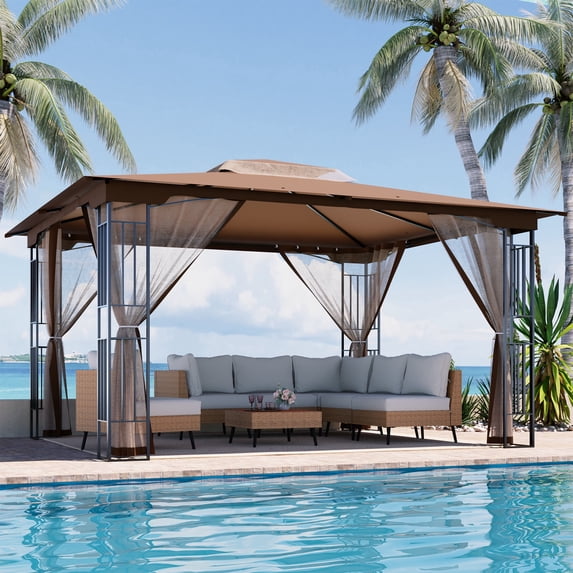 KAMEROUT 13'x11' Patio Gazebo, Double Tiered outdoor gazebo with Mosquito Nettings for Backyard, Garden, Lawn, Brown
