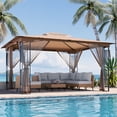 thumbnail image 1 of KAMEROUT 13'x11' Patio Gazebo, Double Tiered outdoor gazebo with Mosquito Nettings for Backyard, Garden, Lawn, Khaki, 1 of 11
