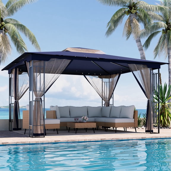 KAMEROUT 13'x11' Patio Gazebo, Double Tiered outdoor gazebo with Mosquito Nettings for Backyard, Garden, Lawn, Navy Blue