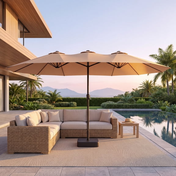 KAMEROUT 15ft Double Sided Patio Umbrella with Base & Crank Handle, Large Outdoor Umbrella for Poolside, Market, Beige