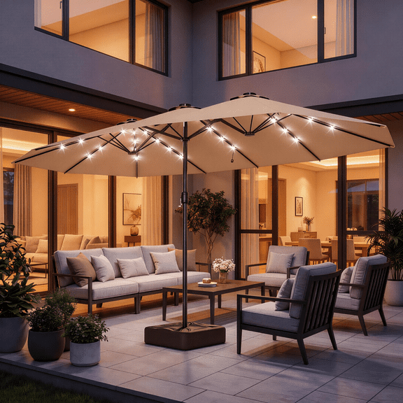 KAMEROUT 15ft Double Sided Patio Umbrella with Base & Lights, Large Outdoor Umbrella for Poolside, Market, Beige