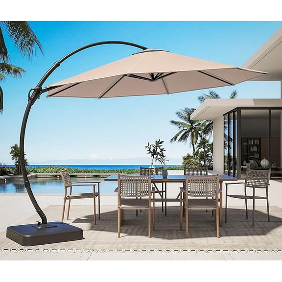 KAMEROUT 11FT Patio Umbrella with Base, Outdoor Deluxe Curvy Cantilever Umbrella for Patio Pool Deck, Champagne