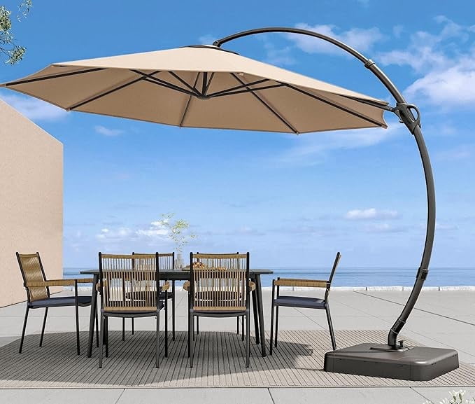 KAMEROUT 11FT Patio Umbrella with Base, Outdoor Deluxe Curvy Cantilever Umbrella for Patio Pool Deck, Champagne