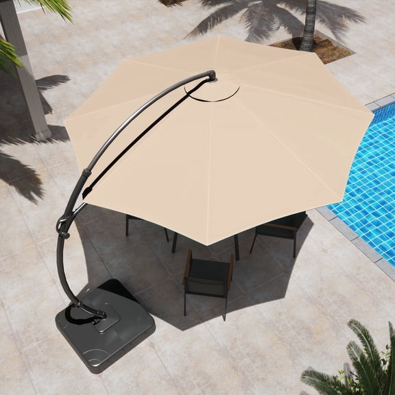 KAMEROUT 11FT Patio Umbrella with Base, Outdoor Deluxe Curvy Cantilever Umbrella for Patio Pool Deck, Champagne