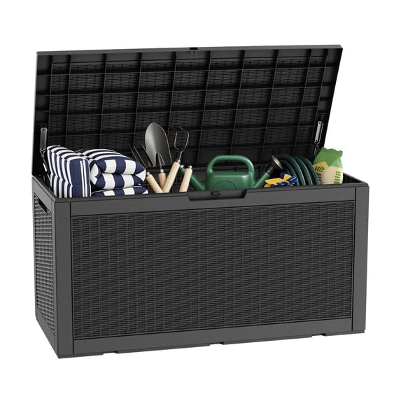 KAMEROUT 260 Gallon Resin Deck Box, Package Delivery Box with Lockable Lid, Waterproof Outdoor Storage Box For Garden Tools, Patio Cushions, Black