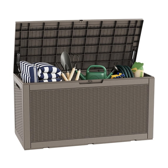 KAMEROUT 260 Gallon Resin Deck Box, Package Delivery Box with Lockable Lid, Waterproof Outdoor Storage Box For Garden Tools, Patio Cushions, Brown