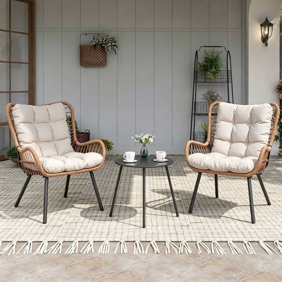 KAMEROUT 3 Piece Outdoor Bistro Set, Rattan Patio Furniture Set with Coffee Table & Beige Cushions for Lawn, Garden, Balcony