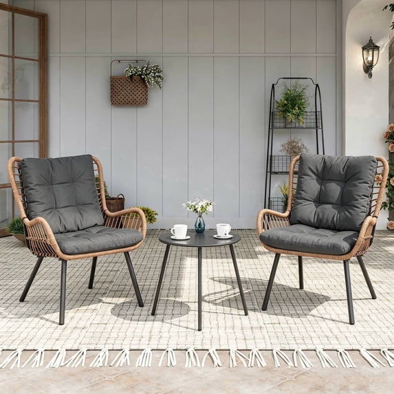 KAMEROUT 3‑Piece Outdoor Wicker Bistro Set, Small Patio Furniture with 2 Chairs & Round Coffee Table, Beige Cushions for Balcony Front Porch Lawn Garden, Gray