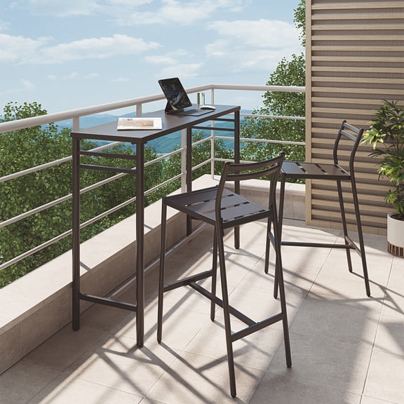 KAMEROUT 3-Piece Patio Bar Set, Outdoor Pub Height Furniture with High Top Table and 2 Bar Stools for Balcony, Deck, Backyard, Black