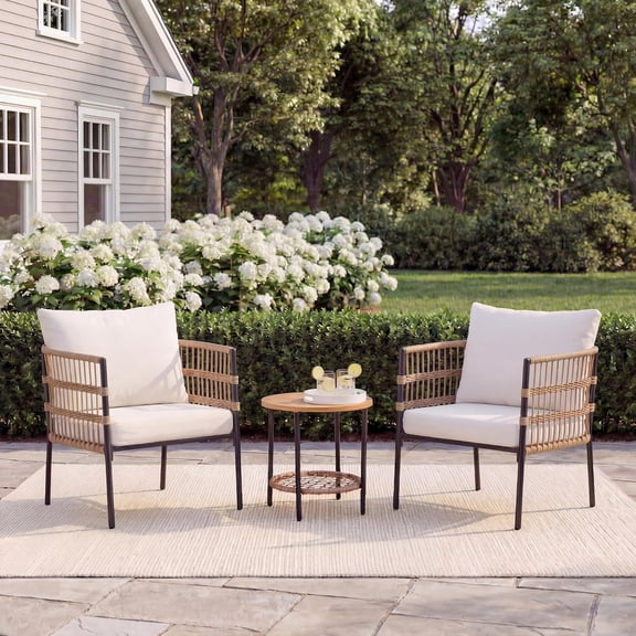 KAMEROUT 3-Piece Outdoor Conversation Set, All-Weather Wicker Patio Furniture Set with Beige Cushions for Patio, Balcony, Backyard