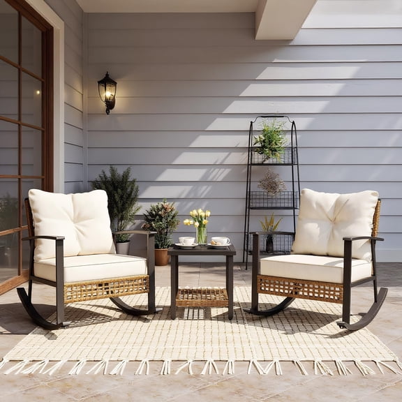 KAMEROUT 3-Piece Patio Conversation Set, PE Wicker Rocking Chairs with Beige Cushions & 2-Tier Coffee Table, Outdoor Furniture for Backyard/Patio