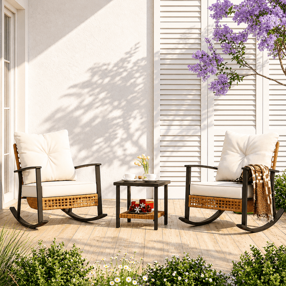 KAMEROUT 3-Piece Patio Conversation Set PE Wicker Rocking Chairs with Beige Cushions & 2-Tier Coffee Table, Outdoor Furniture for Backyard & Patio