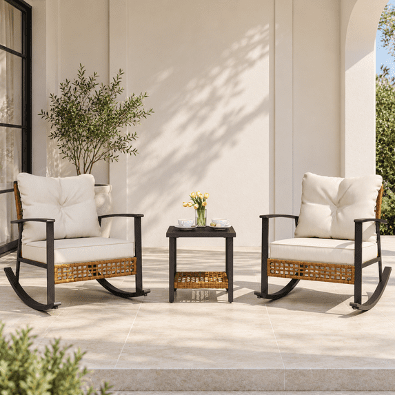 KAMEROUT 3-Piece Patio Conversation Set, PE Wicker Rocking Chairs with Cushions & 2-Tier Coffee Table, Outdoor Furniture for Backyard/Patio, Beige