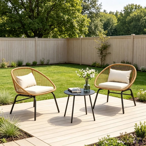 KAMEROUT 3-Piece Outdoor Rattan Patio Bistro Set, Wicker Conversation Furniture with 2 Patio Chairs & Side Table, Linear Weave, Anti-Rust Steel Frame, Weatherproof for Balcony, Porch & Backyard