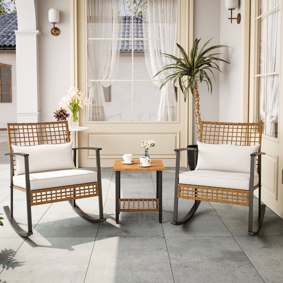 KAMEROUT 3 Pieces Patio Outdoor Conversation Set, PE Wicker Rocking Chairs with 2-Tier Coffee Table and Beige Cushions