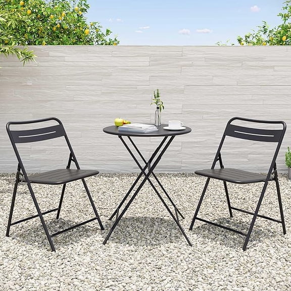 KAMEROUT 3 Pieces Steel Folding Bistro Set with Weather-Resistant Patio Table & 2 Chairs, Black
