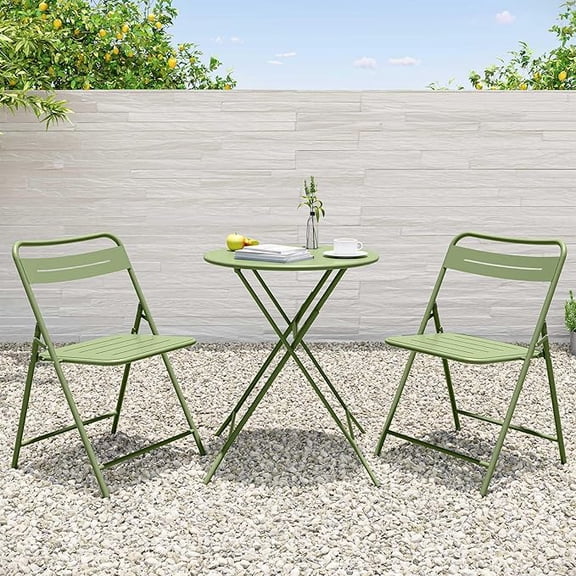 KAMEROUT 3 Pieces Steel Folding Bistro Set with Weather-Resistant Patio Table & 2 Chairs, Mint Green