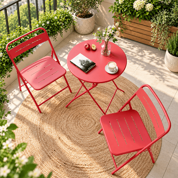 KAMEROUT 3 Pieces Steel Folding Bistro Set with Weather-Resistant Patio Table & 2 Chairs, Red