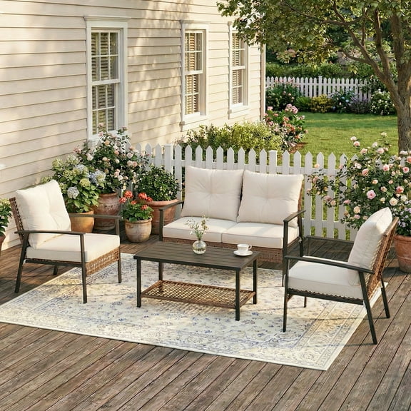 KAMEROUT 4-Piece Outdoor Patio Conversation Set, All-Weather PE Rattan Furniture with Loveseat, 2 Chairs and Table