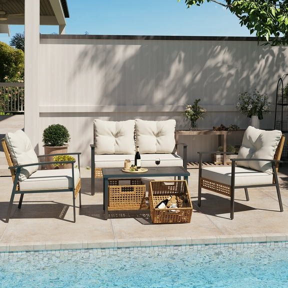 KAMEROUT 4-Piece Outdoor Patio Conversation Set, All-Weather PE Rattan Furniture with Loveseat, 2 Chairs and Table