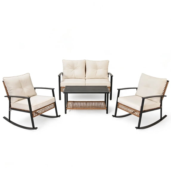 KAMEROUT 4-Piece Patio Conversation Set with Rocking Chairs and Storage Coffee Table for Backyard, Porch, Garden and Poolside
