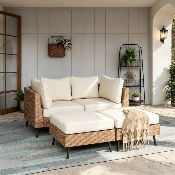 KAMEROUT 4‑Piece Modular PE Wicker Sectional Sofa Set, 2 Chairs & 2 Ottomans with Cushions, All‑Weather Patio Furniture for Backyard, Pool, Porch, Deck
