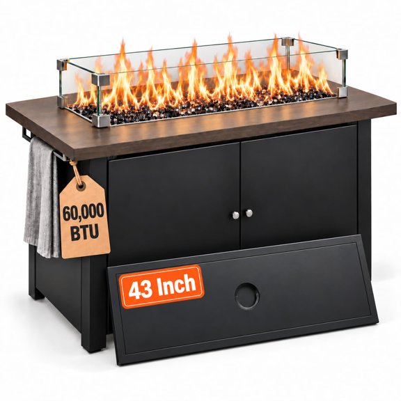 KAMEROUT 43" Outdoor Fire Pit Table , 60,000 BTU Patio Propane Fire Pit with Wood Grain Tabletop & Wind Guard, Black