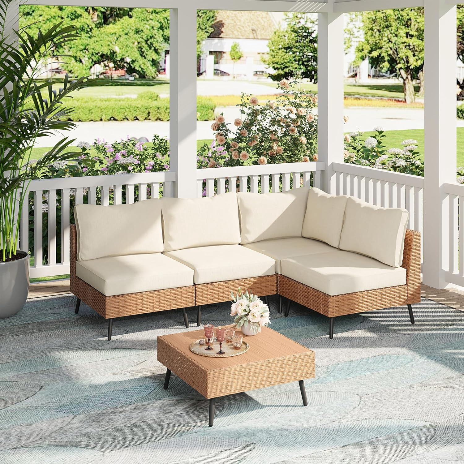 KAMEROUT 5 Pieces Outdoor Furniture Set, Patio Rattan Sectional Conversation Set with 4 Chairs and 1 Table, Beige Cushions