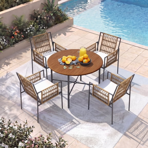 KAMEROUT 5 Pieces Outdoor Patio Dining Set with 4 Wicker Armchairs & 1 Dining Table for Backyard, Porch, Garden, Poolside, Beige Cushions