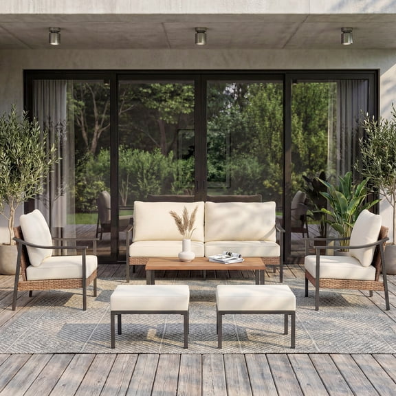 KAMEROUT 6-Piece  Outdoor Patio Conversation Set , All-weather PE Rattan Set with 3-Seater Sofa, 2 Chairs, 2 Ottomans and Coffee Table