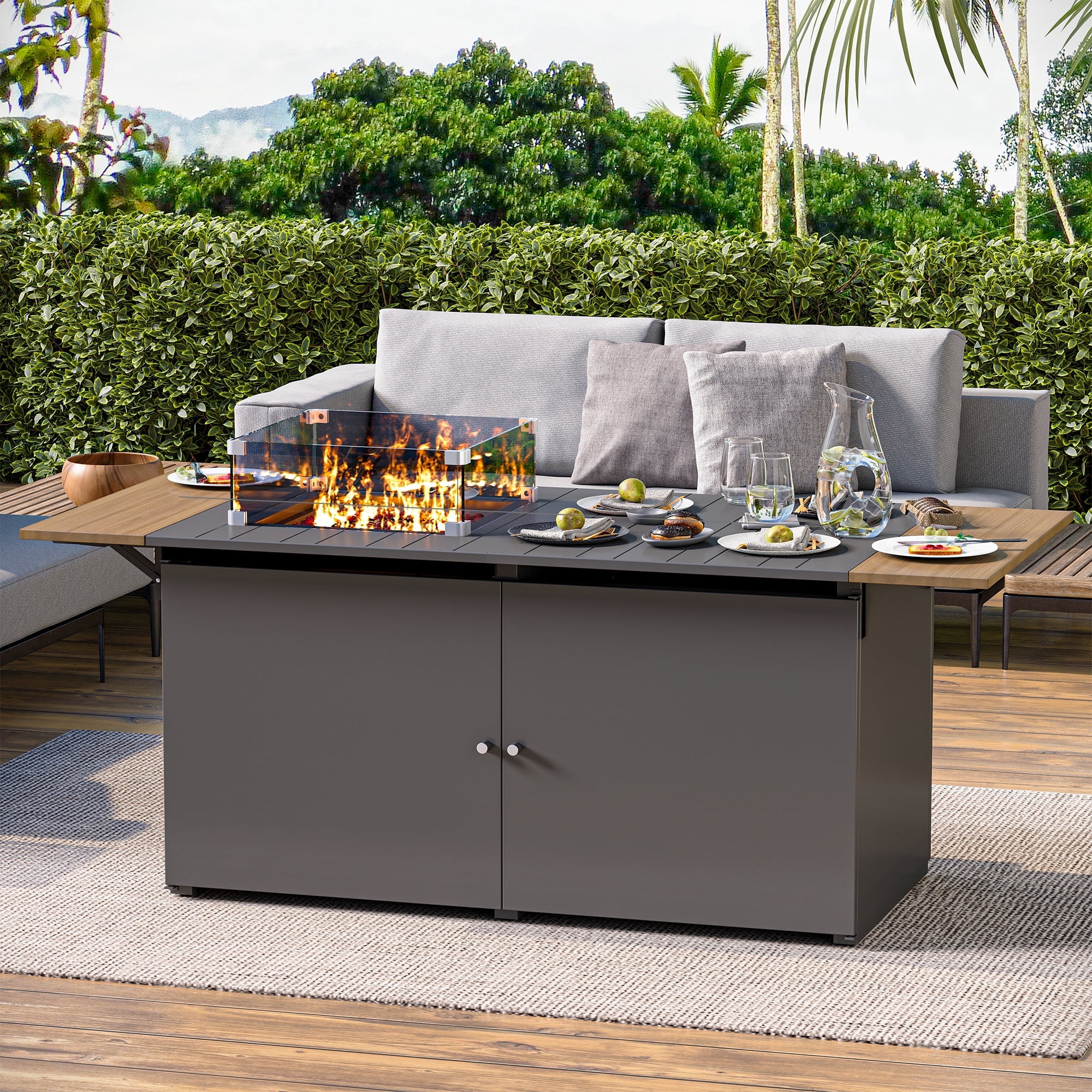 KAMEROUT 64" Outdoor Fire Pit Table , 50,000 BTU Patio Propane Fire Pit with Foldable Tabletop & Wind Guard, Black