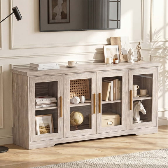KAMEROUT 66" Farmhouse Sideboard Buffet Cabinet with Glass Doors, Adjustable Shelves & Storage for Kitchen, Living Room