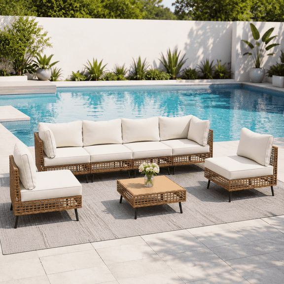 KAMEROUT 7-Piece Outdoor Wicker Patio Furniture Conversation Set, Sectional Sofa with Cushions, Beige