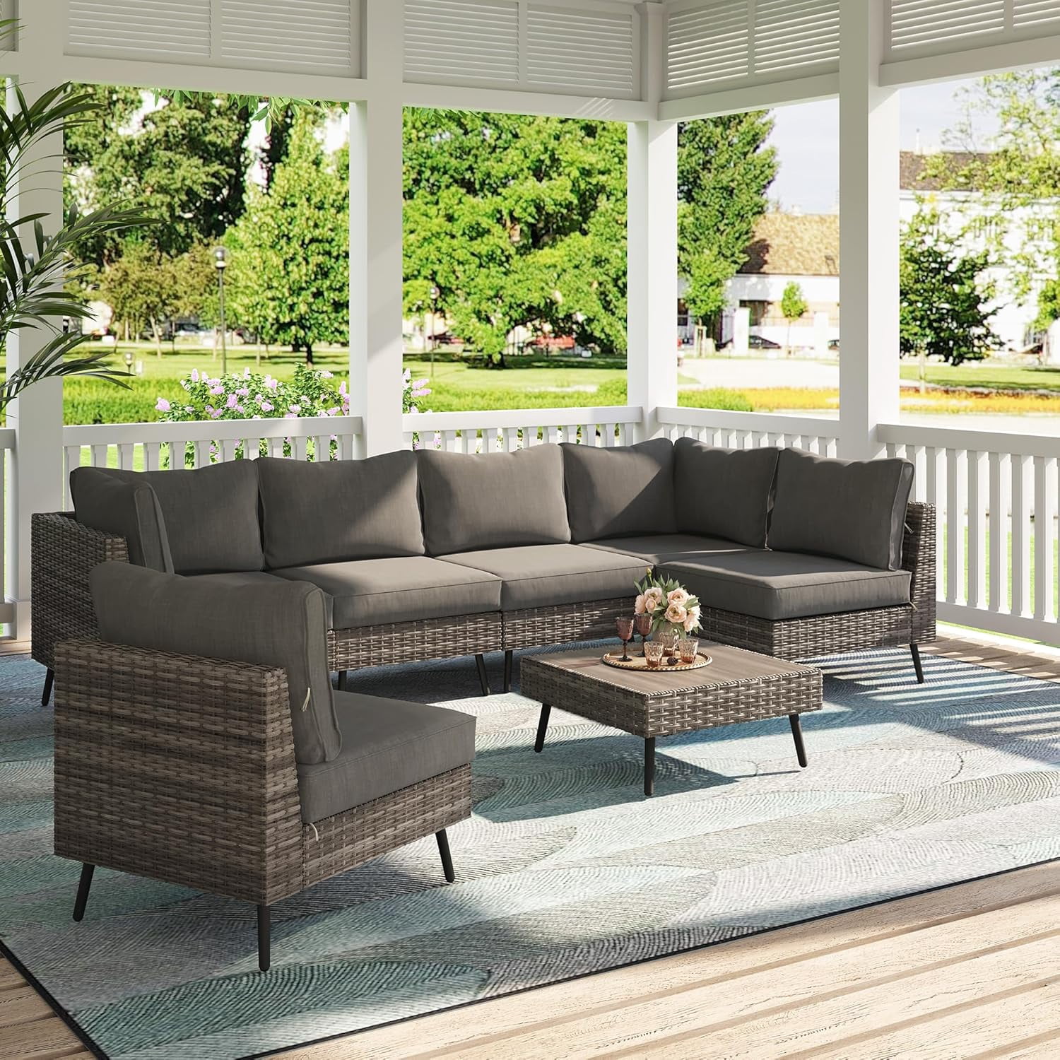 KAMEROUT 7 Pieces Outdoor Furniture Set, Patio Rattan Sectional Conversation Set with 6 Chairs and 1 Coffee Table, Gray Cushions
