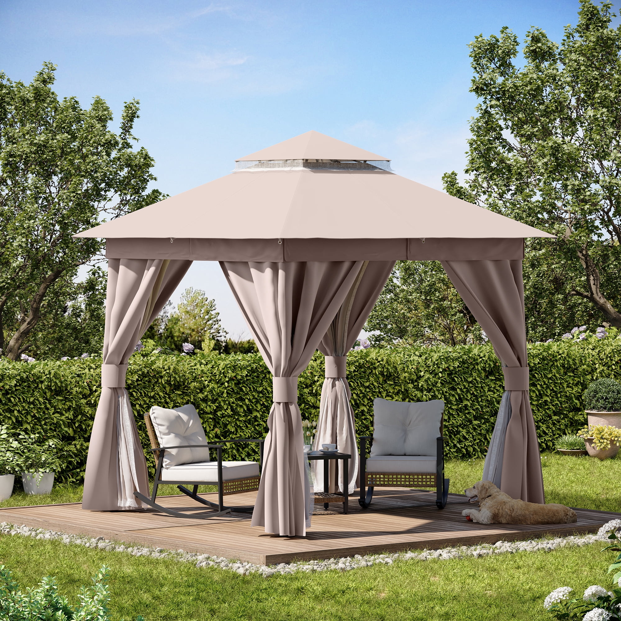 KAMEROUT 8'x8' Patio Gazebo with Mosquito Nettings & Privacy Screens, Double Roof Metal Frame for Backyard, Garden, Khaki