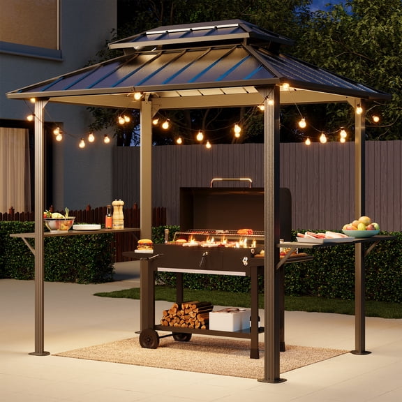KAMEROUT 8x6 ft Hardtop Grill Gazebo, Outdoor Galvanized Steel Double Roof Patio Gazebo, Metal BBQ Canopy Pergola with 2 Side Shelves and Hooks for Backyard, Garden, Poolside, Black