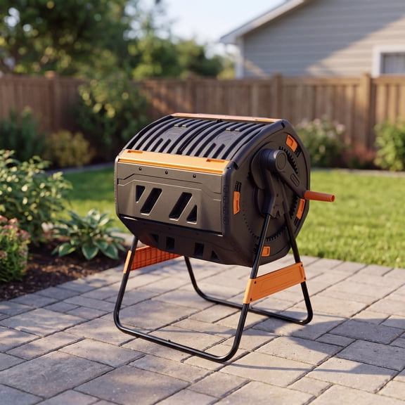 KAMEROUT Dual Chamber Compost Tumbler, 52 Gallon Outdoor Rotating Composter with Sliding Doors for Garden Waste, Kitchen Scraps & Yard Debris, Black and Orange