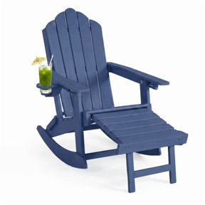 KAMEROUT Folding Adirondack Chair, HDPE Outdoor Rocker with Removable Rocking Base, Retractable Pull‑out Footrest & Cup Holder for Patio Backyard Poolside, Navy Blue