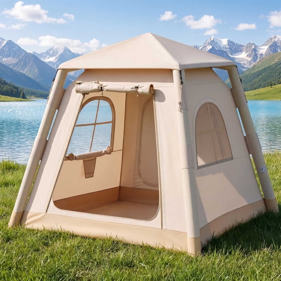 KAMEROUT Inflatable Tent 4 Person Glamping Tent with Easy Air Pump Setup, All-Weather Waterproof Oxford Luxury Blow Up Air Camping Tent with Mesh Window, Inflatable House, Khaki