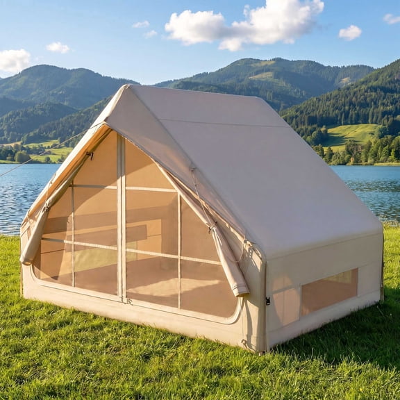 KAMEROUT Inflatable Tent for Camping, 4 Person Blow Up Tent with Pump, All-Weather Luxury Air Tent House with Mesh, 1-Person Quick Setup Waterproof Oxford Glamping Tent for Family, Khaki