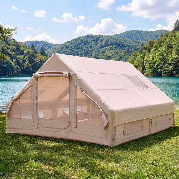 KAMEROUT Inflatable Tent for Camping, 8-10 Person Inflatable House Tent with Skylight & Stove Jack, Waterproof Oxford Blow Up Air Tent with Pump, Quick Setup Luxury Glamping Cabin Tent, Khaki