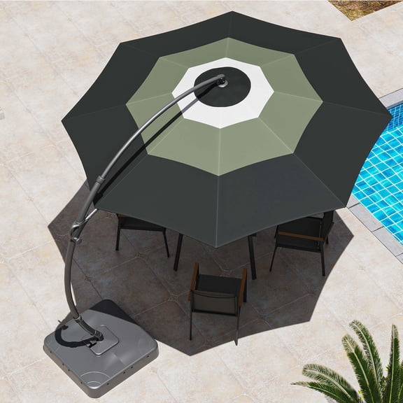 KAMEROUT Outdoor Patio Umbrella with Base, 11 FT Deluxe Curvy Cantilever Heavy Duty Offset Hanging Umbrella with 360 Rotation for Market, Pool, Garden, Backyard, Gradient Green