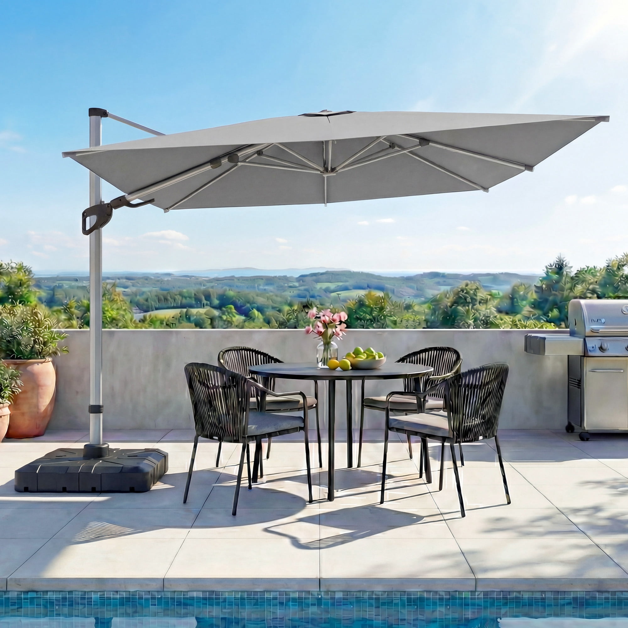 KAMEROUT Outdoor Patio Umbrella with Base Included, 11 Feet Large Cantilever Windproof Offset Umbrella with 360-degree Rotation for Backyard, Pool, Lawn, Deck, Gray