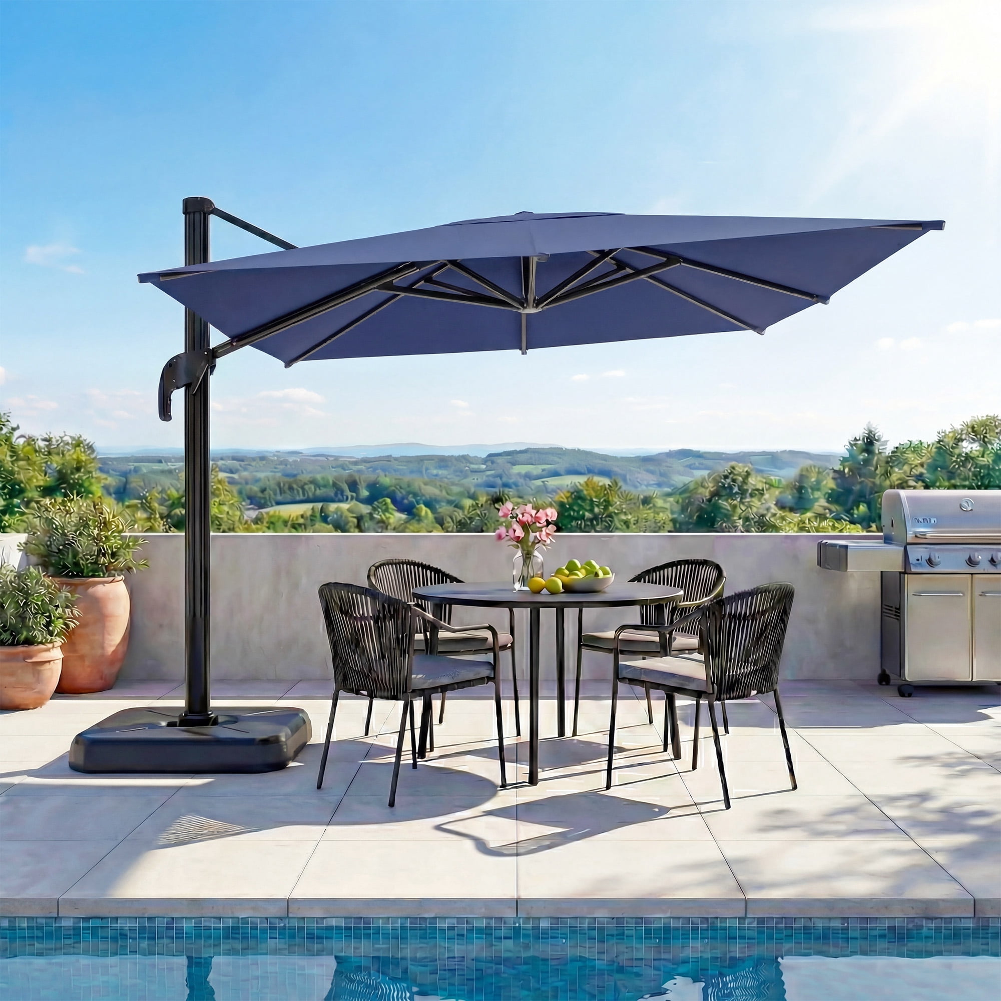 KAMEROUT Outdoor Patio Umbrella with Base Included, 9 Feet Large Cantilever Windproof Offset Umbrella with 360-degree Rotation for Backyard, Pool, Lawn, Deck, Navy Blue
