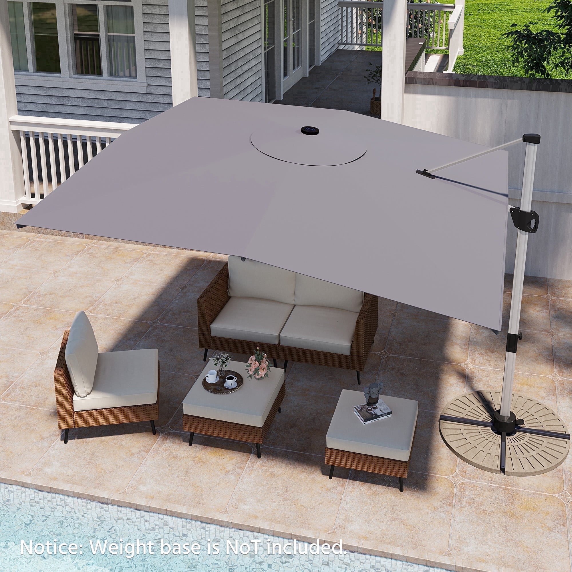 KAMEROUT Outdoor Patio Umbrella with Solar Lights, 10 FT Large Cantilever Windproof Offset Patio Umbrellas for Garden, Deck, Lawn, Pool, Backyard, Gray